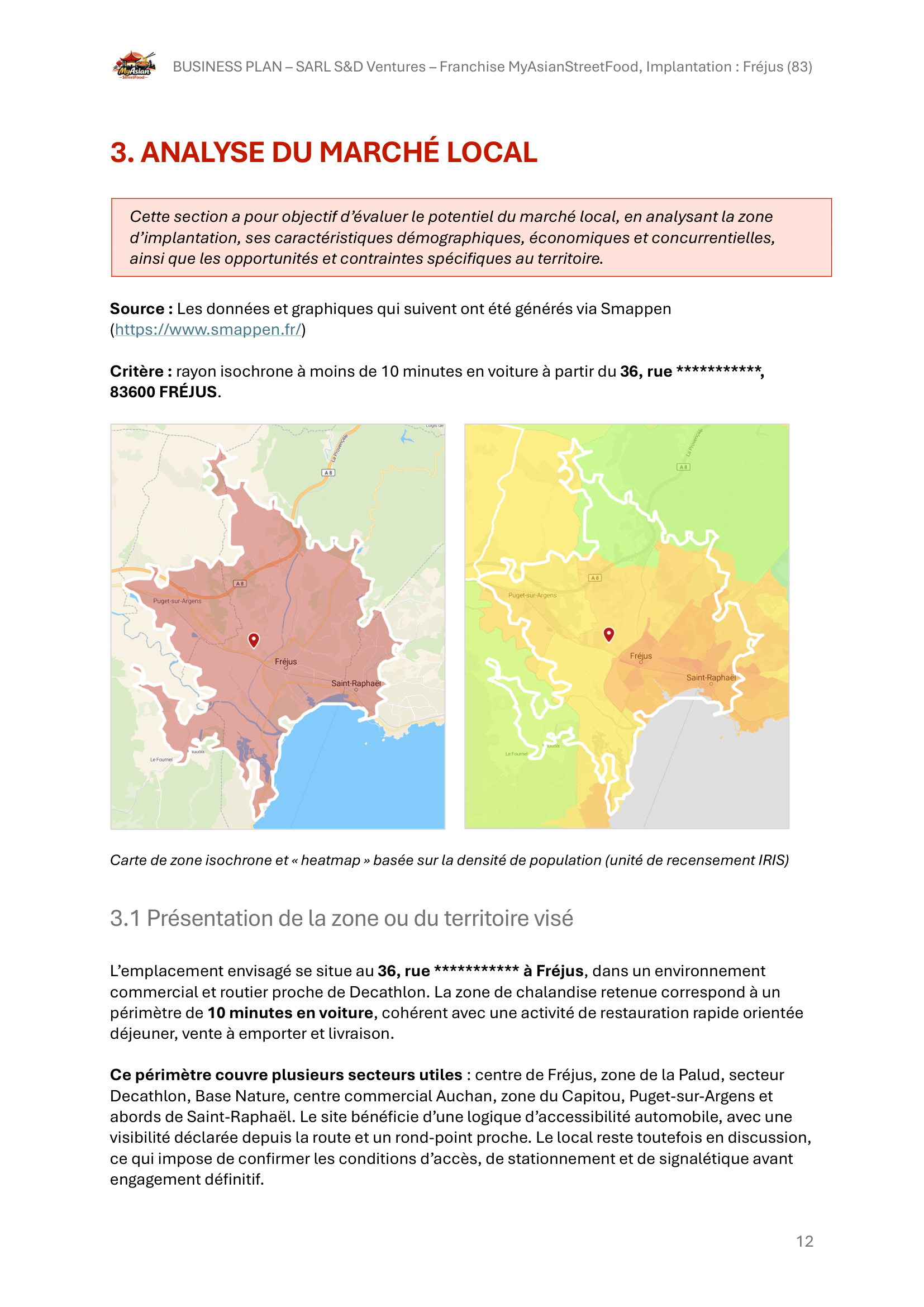 Page d'étude de marché avec graphique et carte de zone de chalandise